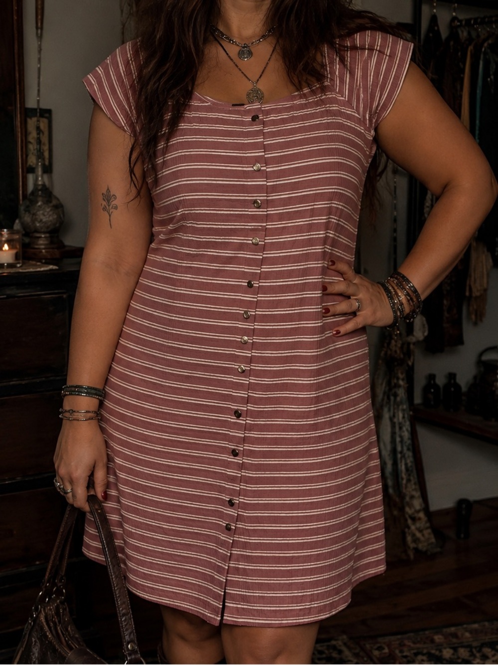 LU NYC Women's Plus Size Mini Striped Dress With Front Buttons Size 1X